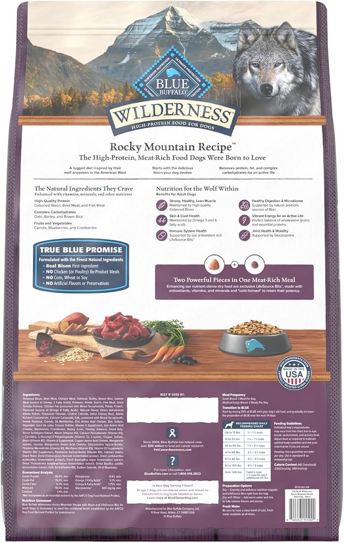 Blue Buffalo Wilderness Rocky Mountain Recipe Bison Dry Dog Food, 22 lb | 31g Protein, Real Bison #1 Ingredient, Wholesome Grains, Antioxidant-Rich Fruits & Veggies, High Protein to Fuel Adventures