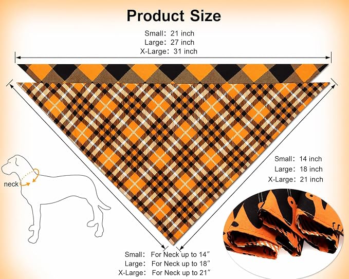 Fall Dog Bandanas 2PCS Halloween Pumpkin Spider Web Small Dog Cat | Reversible dog bandanas for fall & Halloween & Thanksgiving. Orange plaid/pumpkin/Spider Web design. Fits small dog cat