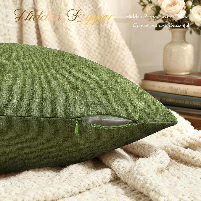BRAWARM Throw Pillow Covers 20x20 Inches - Forest Green Chenille Pillow Covers Pack of 2, Solid Dyed Soft Chenille Pillow Cases for Couch Sofa Bed Home Decoration