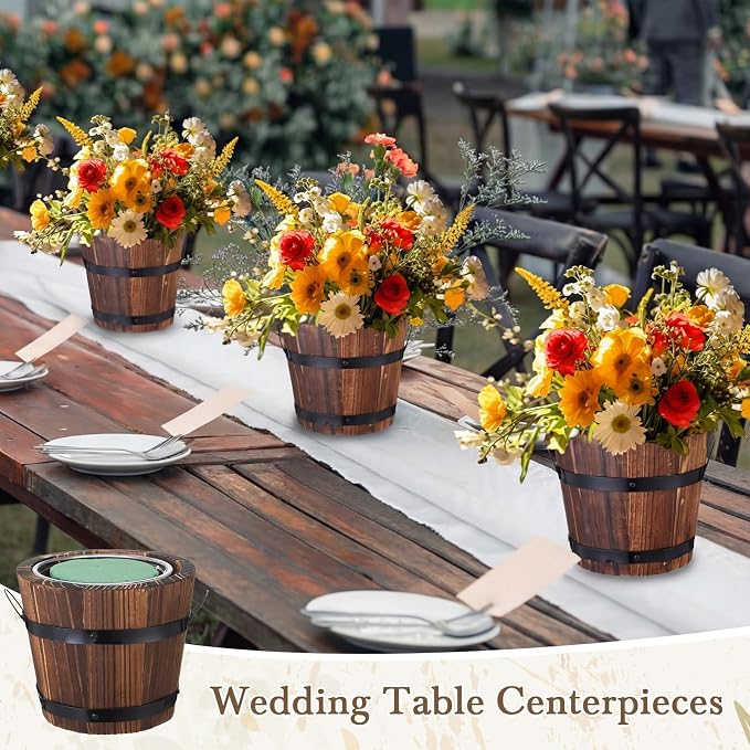 6 Pcs Rustic Wood Whiskey Barrel Planter with Removable Plastic Liners & Floral Foam Blocks, Farmhouse Decor for Wedding Table, Home, Garden, Kitchen & Party Centerpieces (Classic)