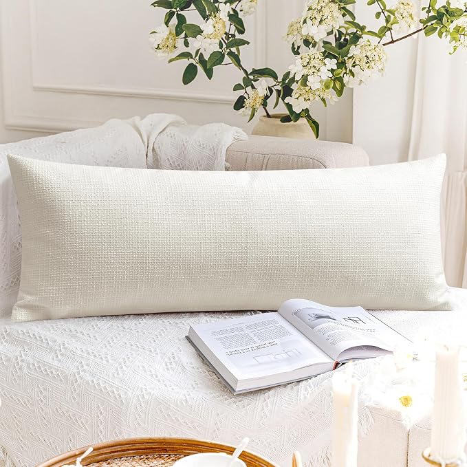 OTOSTAR Linen Throw Pillow Cover Set of 1 Decorative Long Lumbar Pillowcase Rectangle Cushion Cover 14x36 Inch for Home Decor Sofa Bedroom Car 35 x 90CM Cream Beige