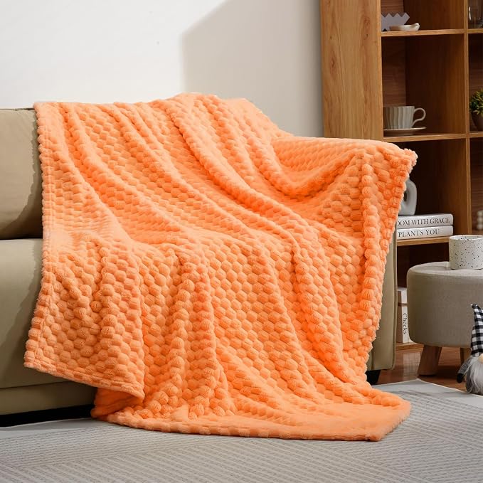 Excervent Hexagon Jacquard Throw Blanket for Bed, 50x70 Inches, Orange | Decorative Fuzzy Flannel Fleece Throw Blanket for Sofa Bed Couch, Super Soft Cozy, Suitable for All Seasons
