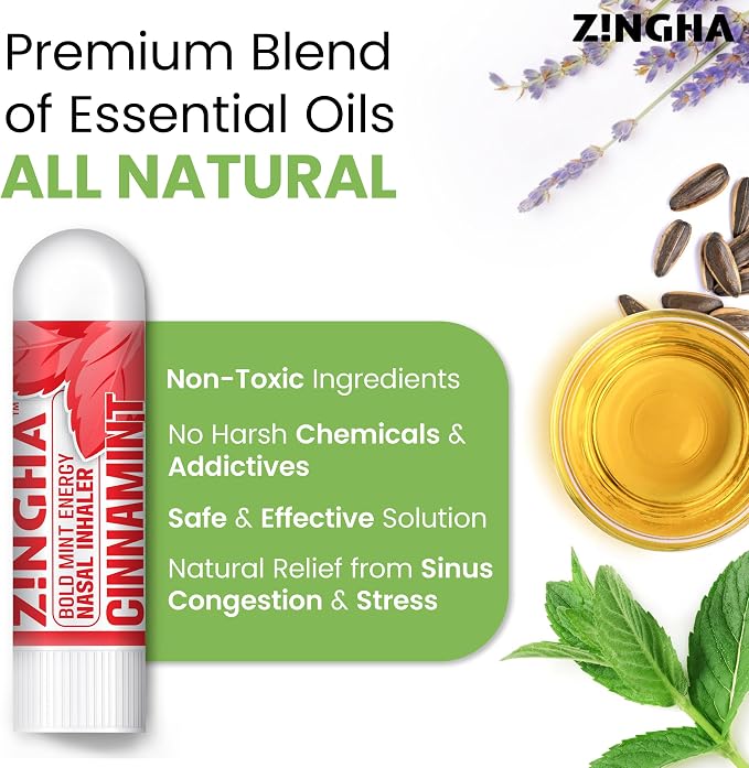 Z!NGHA Natural Aromatherapy Nasal Inhaler Stick for Sinus Relief, Focus & Stress Relief | Portable Dual-Hole Essential Oil Blend (4PK, Spearmint)
