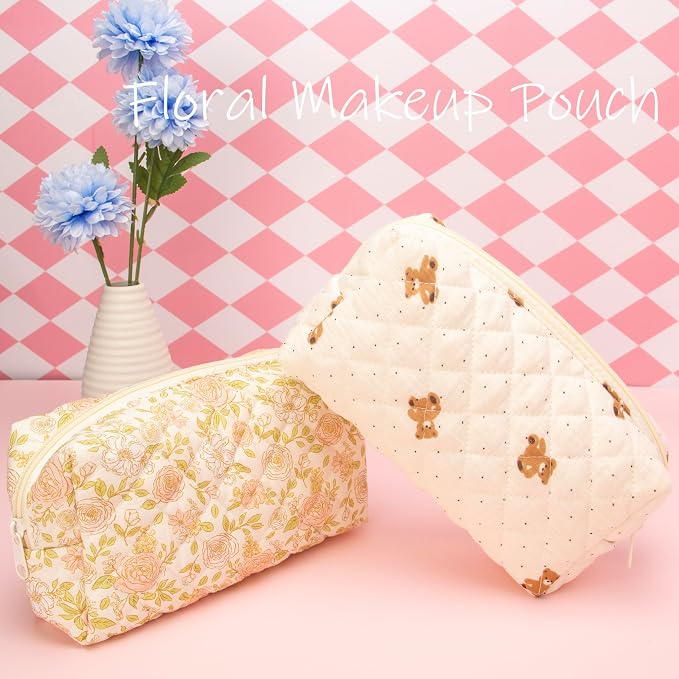 PAZIMIIK Small Quilted Makeup Bag,Zipper Cosmetic Pouch,Gauze Bear | Lightweight Cosmetic Bag Organizer for Women,Purse Storage Holds Makeup,Toiletries,Skincare,Beauty Essentials,Travel Items