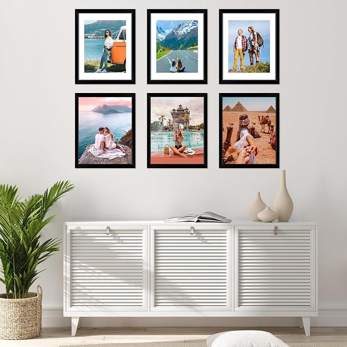 11x14 Picture Frame Set of 6, Black Photo Frames Bulk with HD Plexiglass, Display Pictures 8x10 with Mat or 11x14 Without Mat, Multi Picture Frames Collage for Wall Decor