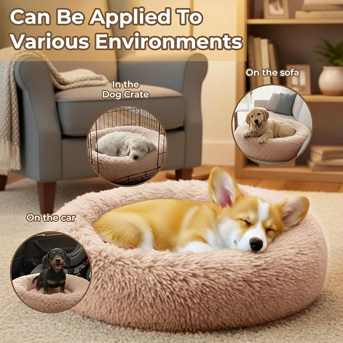 Calming Donut Dog and Cat Bed for Indoor Cats, Anti-Anxiety Round Fluffy Soft Washable Small Pet Bed for Puppy & Kitten, Warming Comfortable Luxury Anti-Slip Waterproof Mute Base 20in (Camel)