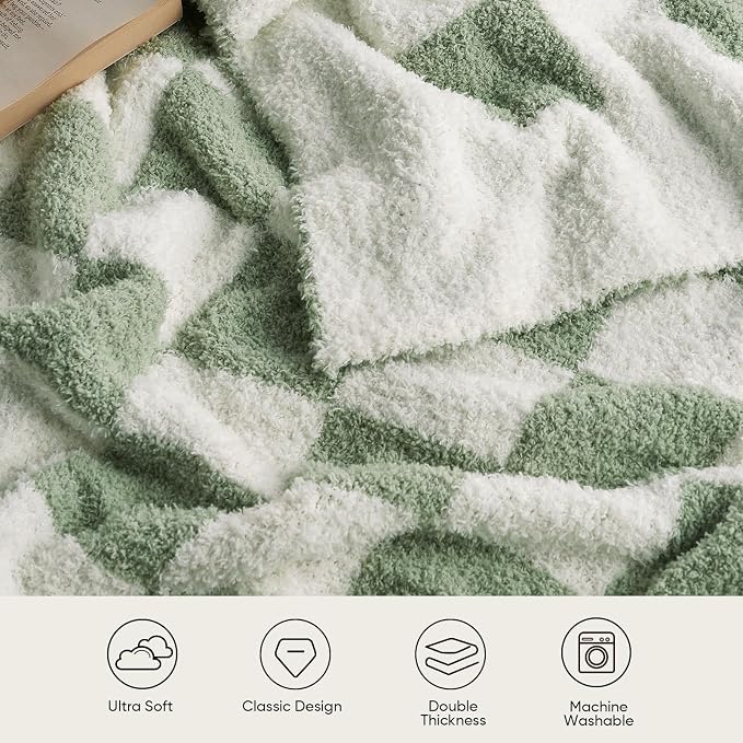 Snuggle Sac Checkered Bedding Blanket Twin Size 60x80, Super Soft Cozy Warm Knit Blankets, Reversible Breathable Lightweight Fluffy Throws for Sofa, Bed, Checkered Sage Green, 60x80 Inches