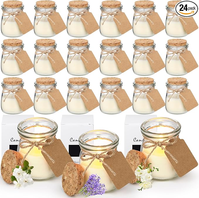 MTLEE 24 Pcs Flower Scent Jar Candles for Guests Wedding Candle Gift Natural Wax Candles with DIY Tag Cards for Baby Shower Party Favors Home Supply Decor, Scents of Freesia/Gardenia/Lavender