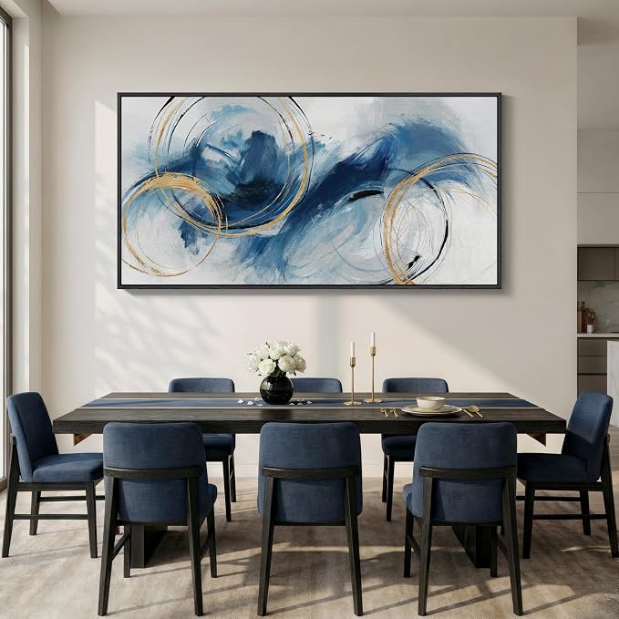 Extra Large Framed Navy Blue Abstract Canvas Wall Art for Living Room, Oversized Minimalist Modern Prints Paintings Artwork for Walls, Horizontal Contemporary Wall Decor for Bedroom Dining Room 36x72