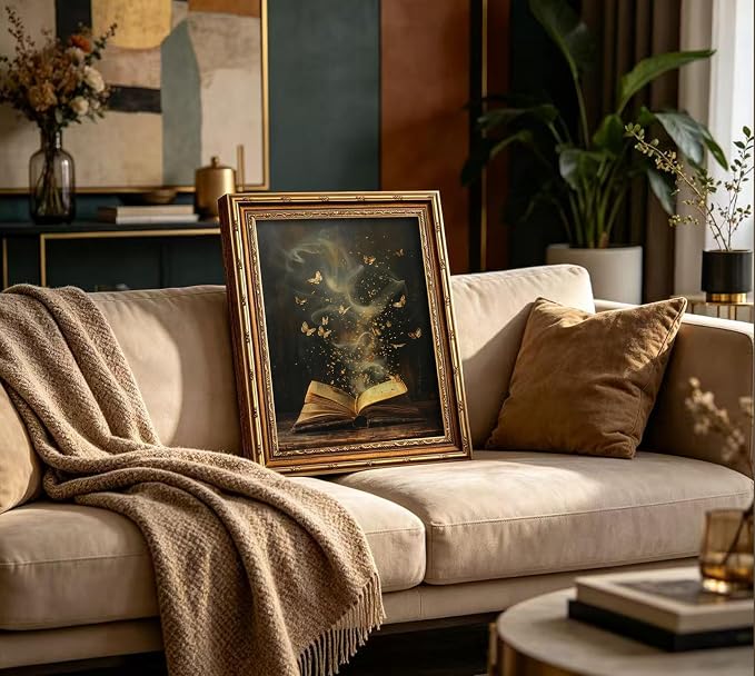 Vintage Gold Framed Victorian Bookish Wall Art Dark Academia Library Fantasy Mystical Canvas Print Reading Nook Butterfly Aesthetic Picture Wall Decor Gothic Bookclub Poster Artwork for Library