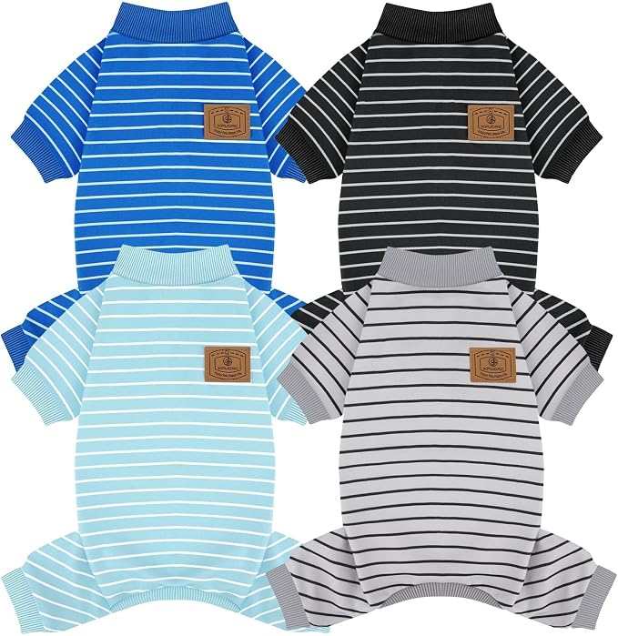 XPUDAC 4 Pack Dog Pajamas Striped Dog Clothes for Small Medium Dogs Girl Boy Comfy Puppy Outfit Doggy Jammies Onesie Pet Costume, Blue, Grey, Green, M