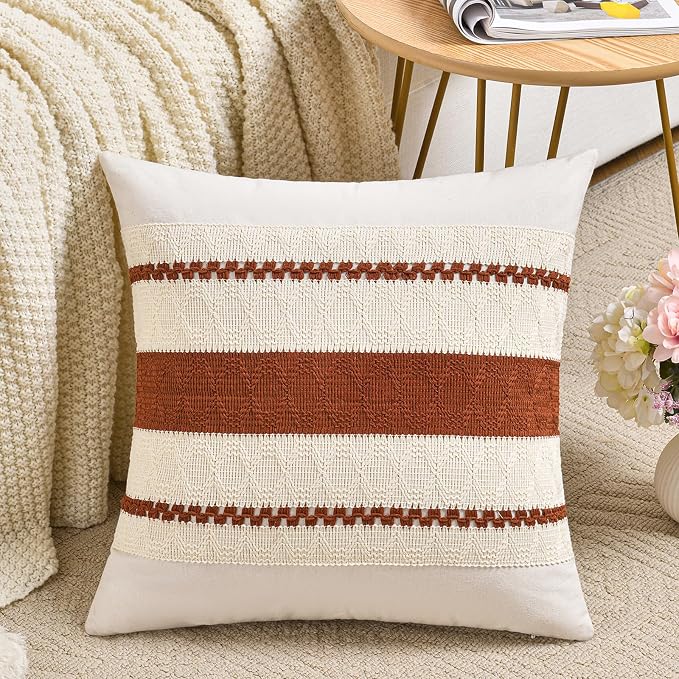 Fancy Homi Set of 1 Rust Boho Decorative Throw Pillow Covers 20x20 Inch for Couch Bed Sofa, Aesthetic Modern Organic Fall Room Decor, Soft Cotton Cute Terracotta Textured Farmhouse Cushion Case