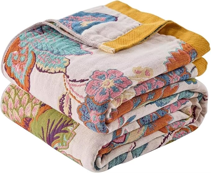 Boho Throw Blanket Farmhouse Decor Throw Blanket Bohemian Blanket for Bed 100% Cotton Muslin Woven Couch Blanket All Seasons Quilt Bedroom (B-Beige, 60"x80")
