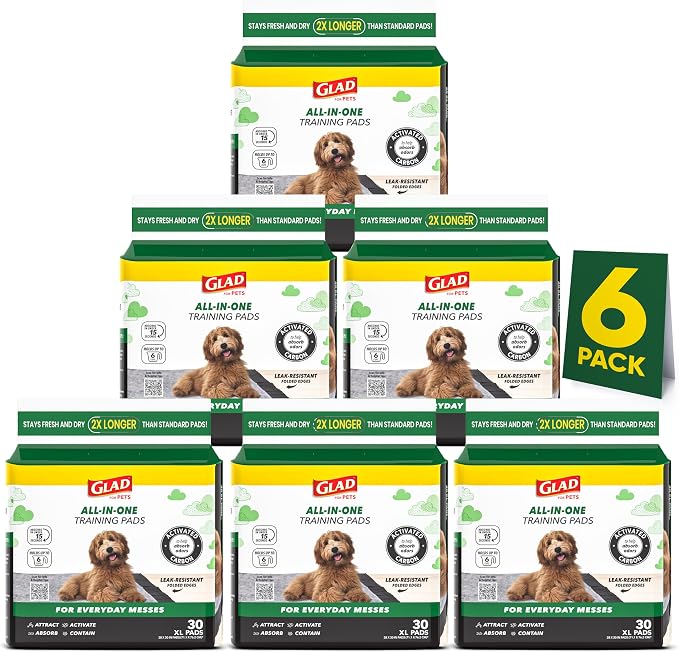 Glad for Pets XL Charcoal Training Pads for Dogs and Puppies, 30 Ct, 6-Pk | 6-layer, activated-carbon pads with pheromone attractant, leak-proof, extra-large 28 x 30 in coverage