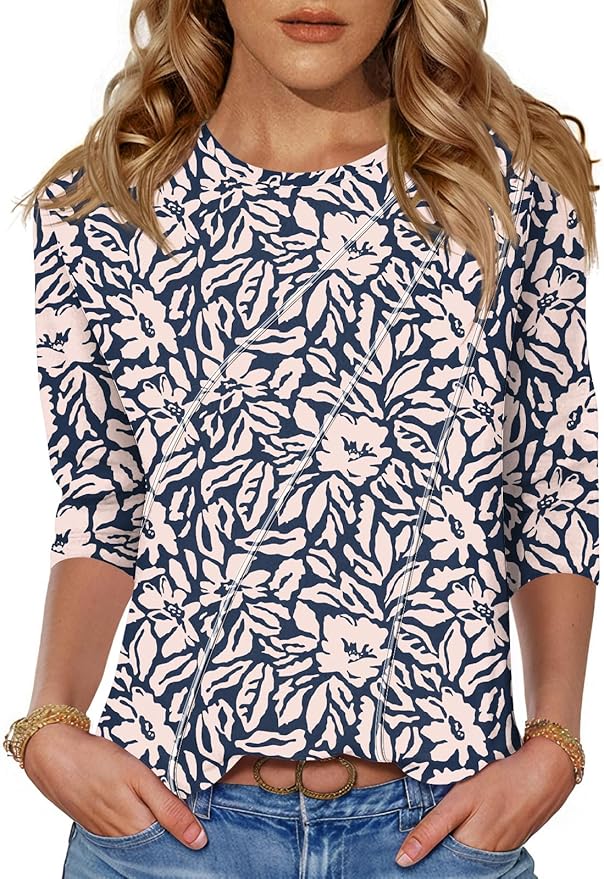LOMON 3/4 Length Sleeve Womens Tops Spring Summer Fashion 2026 Tops Crew Neck Pleated Shirts Tunic Top Loose Fit