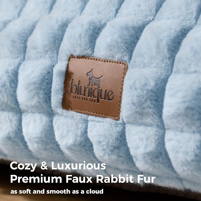 Cat Couch Bed with Fluffy Faux Rabbit Fur for Indoor Cats, 30 Inch | Cute Fuzzy Cat Sofa Recliner With Washable Cover, Suppportive Cozy Pets Couch in 3D Diamond Pattern, Light Blue