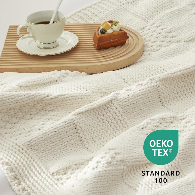 Knit Throw Blanket, Soft Chenille Cozy Breathable Checkered Chunky Decorative Blanket for Couch, Bed & Sofa, French-Inspired Lightweight Warm Gift for Women, Ivory, 50"x60"