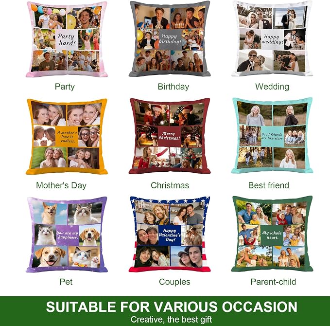 Bemaystar Custom Pillow with Picture & Text, Ships Next Day, Made in USA - Personalized Pillowcover- Love Keepsake, Customized Gifts, Mothers Day Decorative Throw Pillow(No Insert)-6photos