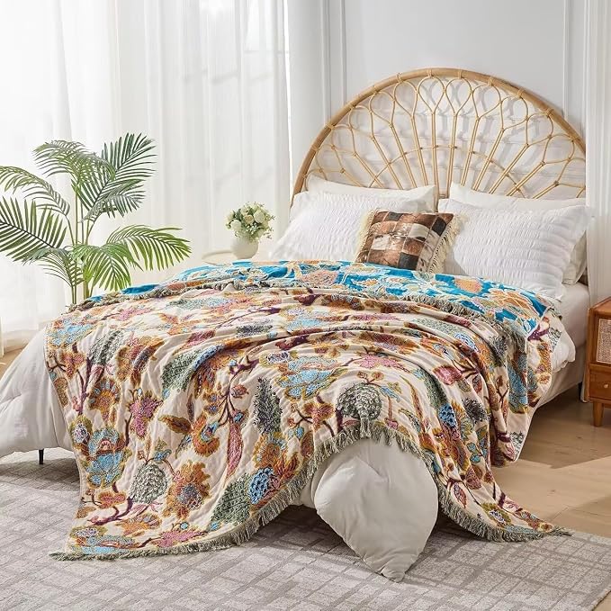 Boho Throw Blanket Farmhouse Decor Throw Blanket Bohemian Blanket for Bed 100% Cotton Muslin Woven Couch Blanket All Seasons Quilt Bedroom (E-Beige, 90"x98")