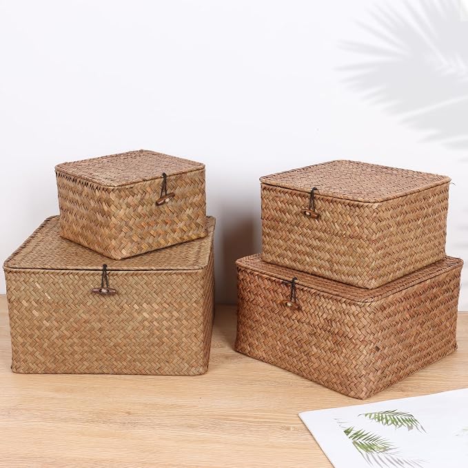 Moosky Wicker Shelf Baskets with Lid, Handwoven Seagrass Storage Basket Bins Square Gift Boxes for Shelves Home Decor Organizer (Coffee, Large)