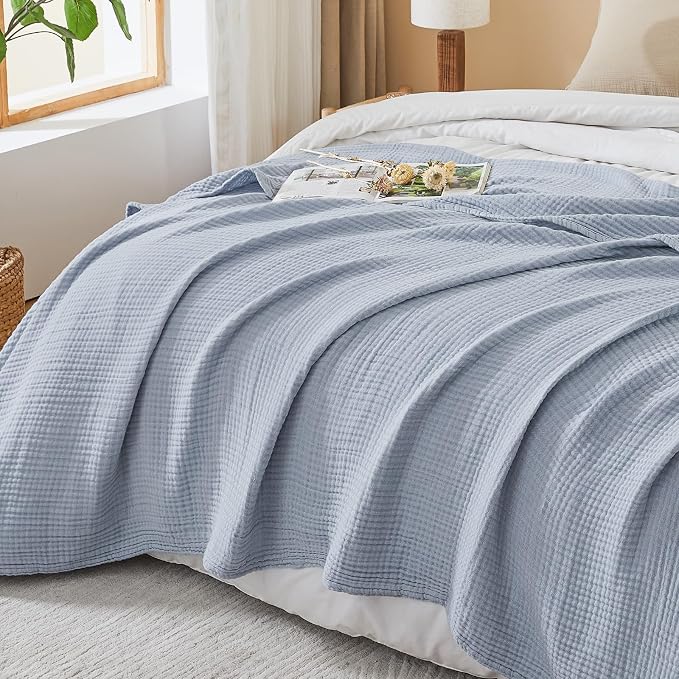 EMME Cotton Muslin King Blanket Bed Layering Bedspread Coverlet Breathable Gauze Soft Lightweight Blankets (Heather Dusty Blue, 108"x90")