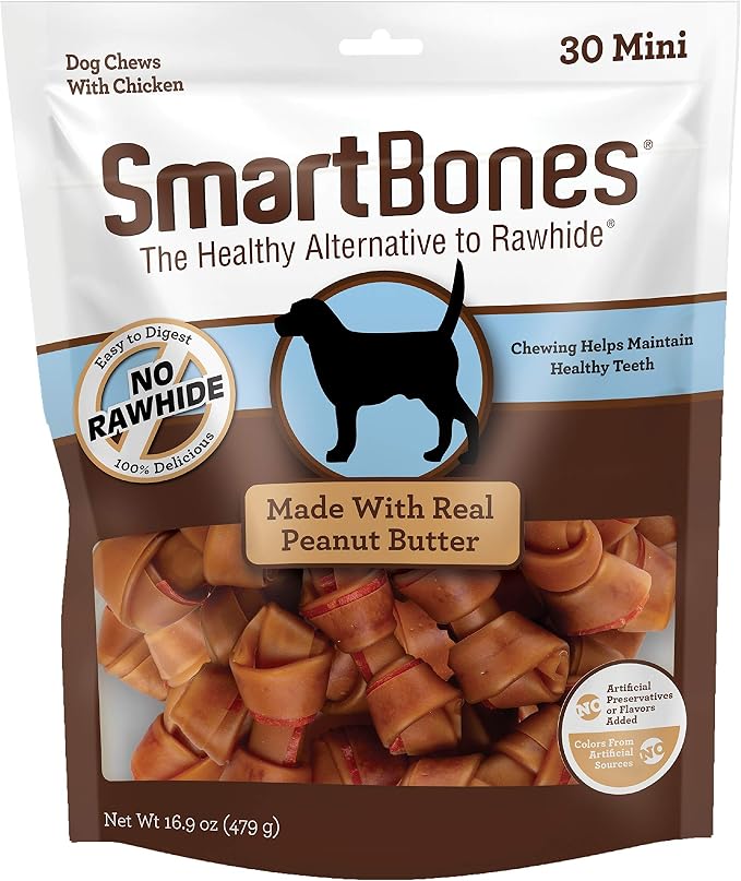 SmartBones Mini Bones Rawhide-Free Dog Treat, Real Peanut Butter, 30 Count | Easy To Digest Chew, No Artificial Preservatives or Flavors, Vitamin & Mineral Enriched, Maintains Healthy Teeth, Small Dogs