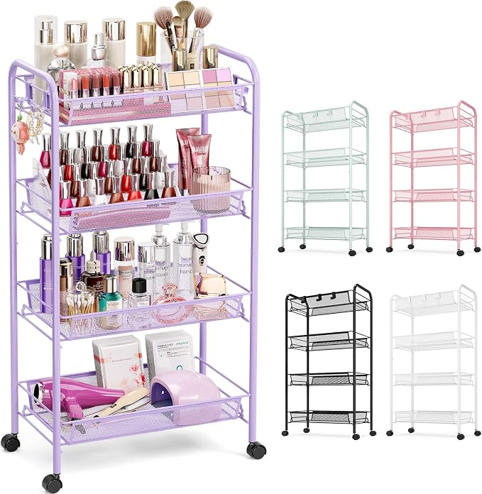 TOOLF 4 Tier Rolling Cart, Metal Utility Storage Cart with Wheels, Purple | 3 Hooks, Screwless Assembly, Trolley Organizer for Bathroom, Kitchen, Office, Nursery, Dorm, Laundry Room