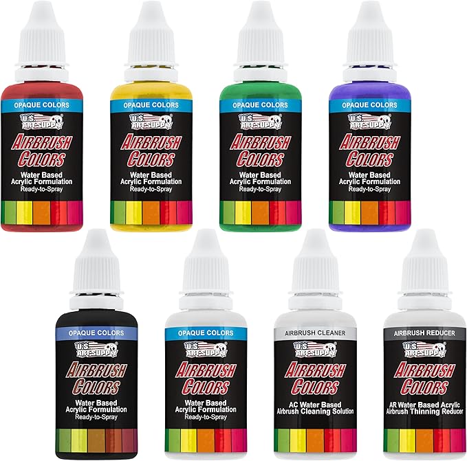 U.S. Art Supply 6 Color Starter Acrylic Airbrush, Leather & Shoe Paint Set Primary Opaque Colors plus Reducer & Cleaner, 1 oz. Bottles