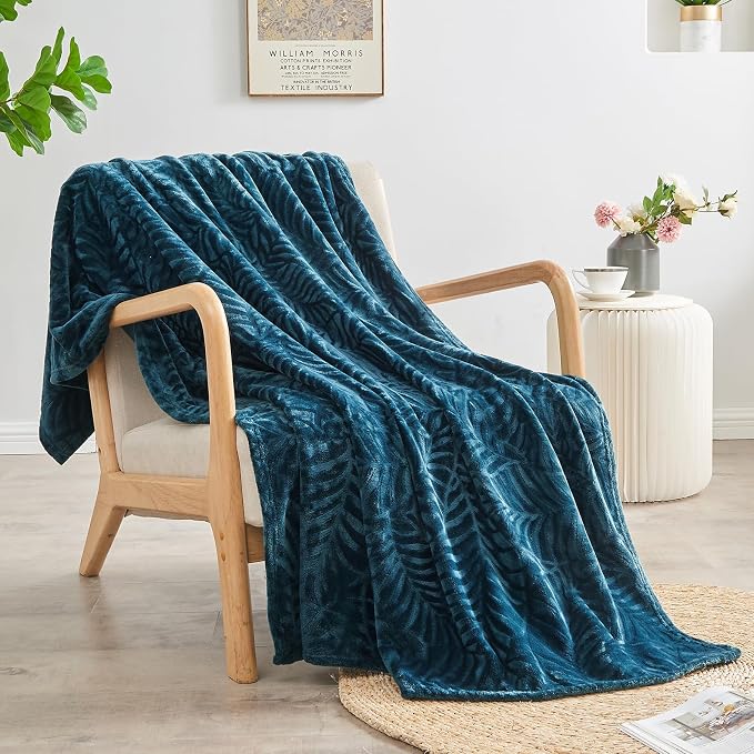Super Soft Flannel Fleece Throw Blanket, 60 x 80 Inches, Blue Coral | Lightweight Cozy Warm Leaves Textured Plush Blanket for Bed Couch Sofa