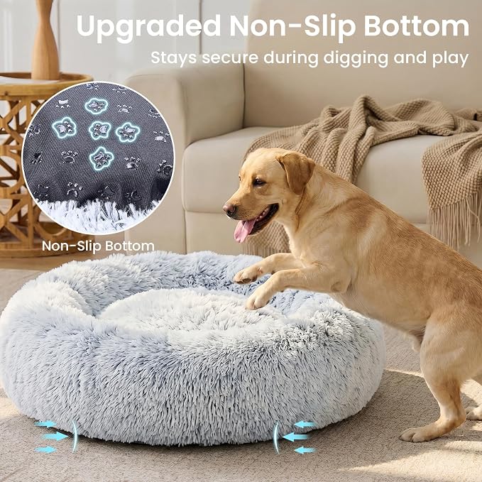 JOLLYVOGUE Calming Dog Beds Extra Large Sized Dog, 45in Donut Washable Large Pet Bed, Anti-Slip & Anti-Anxiety Fluffy Faux Fur Round Dogs Bed, Fits up to 125 lbs Pets (Smoke Grey)