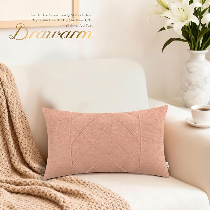 BRAWARM Chenille Throw Pillow Covers 12x20 Inches, Dusty Pink, 2 Pack | Decorative Lumbar Pleated Pillow Covers, Soft Cushion Cases for Sofa Bed Living Room Home Farmhouse (No Insert)
