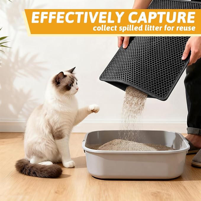 Pieviev Litter Mat, Double-Layer Waterproof Trapping Mat, 24" x 15" Black | Honeycomb Design Catches Scattered Particles to Stop Tracking, Urineproof Base Protects Floors, Easy to Clean