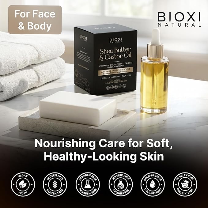 Shea Butter & Castor Oil Soap Bar - Advanced Hydration & Gentle Skin Cleansing Moisturizing Face & Body Wash - Natural Korean Cold-Pressed Formula with Castile Oil, Vitamin E & Aloe Vera - 2 Pack