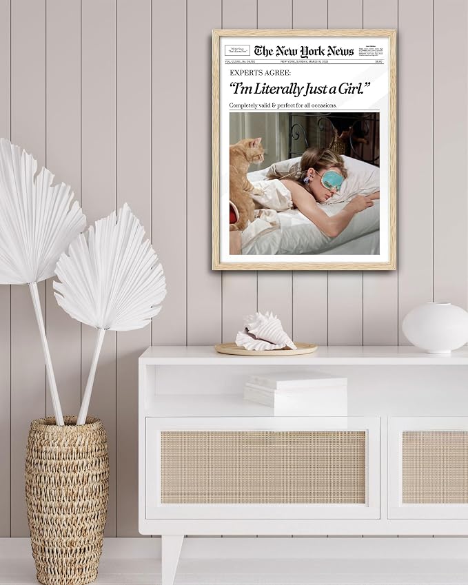 EcoHest 16x20 in Audrey Hepburn I'm Literally Just a Girl Framed Wall Art | Solid Oak Wood Frame with Canvas Wall Art, Vintage Newspaper Wall Decor for Bedroom, Bathroom, Apartment, Dorm Room, 1Pack