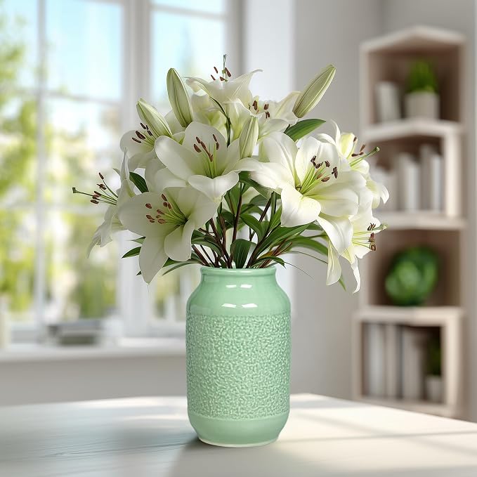 Ceramic Flower Vase, 9 Inch Green Vases for Home Decor, Modern Vase, Centerpieces, Table, Shelf, Console Cabinet, Entryway, Living Room, Bathroom, Office Decor