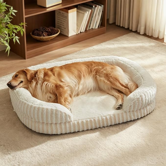MIXJOY Orthopedic Dog Beds Large Sized Dog,Extra Large Washable Dog Bed Waterproof Oval Dogs Bed with Removable Cover,Egg-Crate Foam Big Pet Bed Couch with Bolster,Non-Slip Bottom,XL 42"X32",White