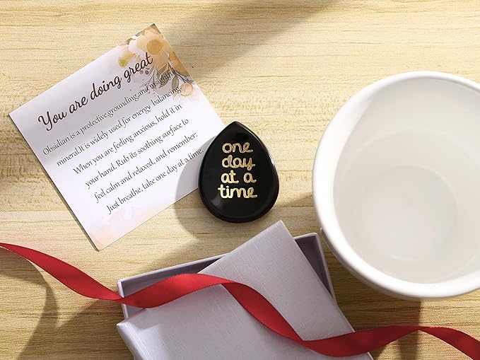 LAIDANLA Worry Stone for Anxiety Black Obsidian Healing Crystal Sensory Fidget Thumb Stones One Day at A Time Mental Health Relief Items Inspirational Sobriety Thinking of You Gifts for Women Men