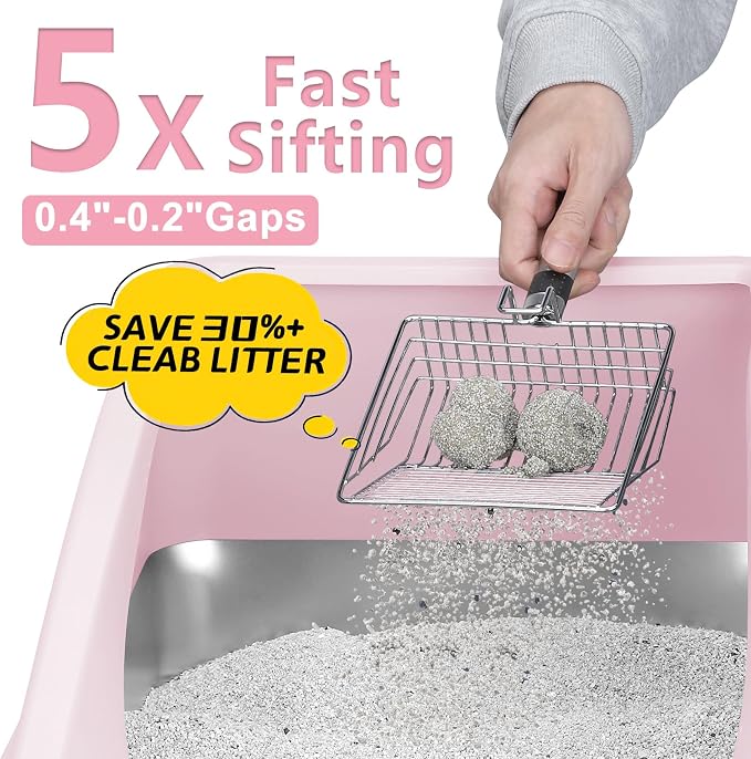 AIPERRO Stainless Steel Litter Box | XL Metal Cat Litter Boxes with Lid | Enclosed High Sided for Big Cats | Anti-Urine Leakage, Non-Stick, Easy to Clean with Litter Mat & Metal Scoop | Cute Pink