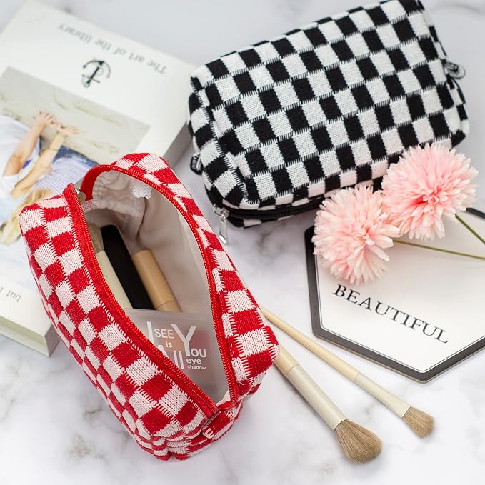 PAZIMIIK Checkered Makeup Bag for Purse Portable Zipper Make Up Pouch Small Cosmetic Case for Travel Accessories (2PCS Red)