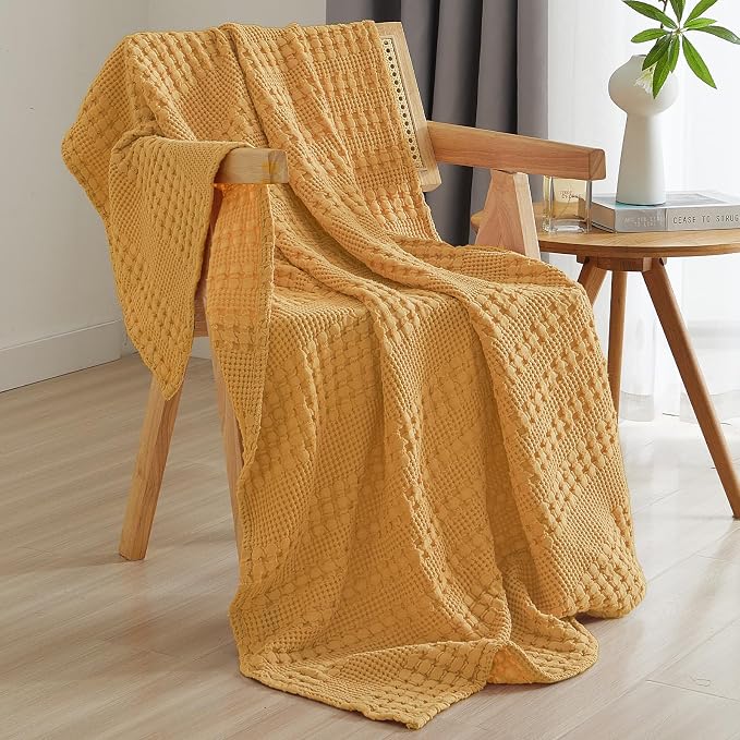 PHF 100% Cotton Waffle Weave Throw Blanket, Lightweight Breathable Summer Blanket for Couch Sofa, Pre-Washed Soft Throws for Bed, Office, Travel & Stylish Home Decor, 50"x60", Pumpkin Orange