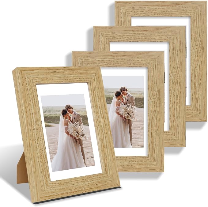Hongkee 4x6 Picture Frame Set of 4, Made of Real Glass and Natural Oak Wooden Frame, 4 by 6 Photo for Wall or Tabletop - Display Picture 3.5x5 with Mat or 4x6 Without Mat