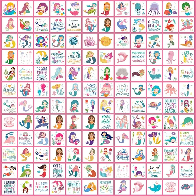 Partywind 408 PCS Kids Tattoos for Party Supplies, Individually Wrapped Sheet Temporary Tattoos Stickers for Kids Goodie Bag Stuffers, Fun Birthday Party Favors - Mermaid