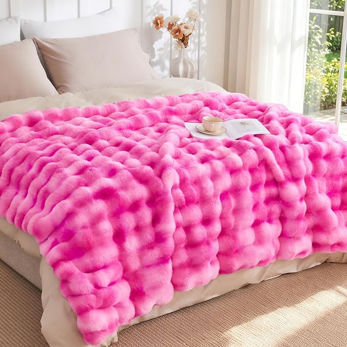 Luxury 1000GSM Rabbit Faux Fur Blanket, Super Warm Cozy Brown Blankets for Couch Bed Sofa, Ruched Plush Fuzzy Elegant Soft Reversible Mink Blanket Living Room Bedroom, 50" x 60",Rose Pink