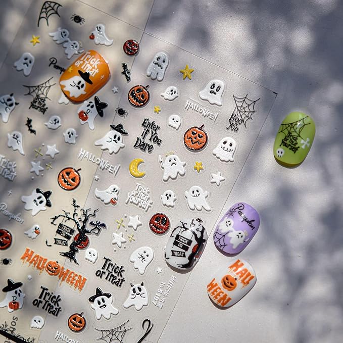 Halloween Nail Stickers for Nail Art, 5D Embossed Self-Adhesive Nail Decals Ghost Goth Moon Spider Web Nail Supplies Design Accessories for Women and Girls Manicure DIY Decoration