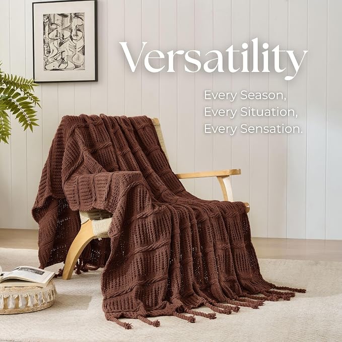 Boho Knitted Chenille Blanket with Tassels - Lightweight & Soft All-Season Throw - 3D Classic Pattern for Living Room Bedroom Couch, Copper Brown, Queen 90"x90"