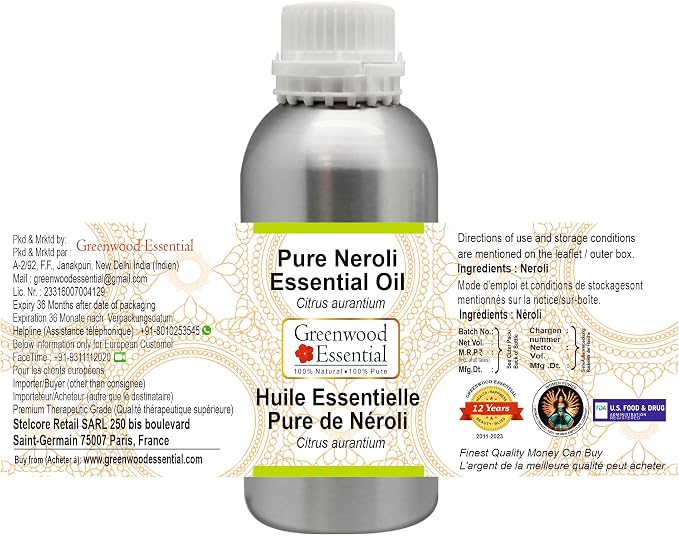 Greenwood Essential Pure Neroli Essential Oil (Citrus aurantium) Steam Distilled 1250ml (42 oz)