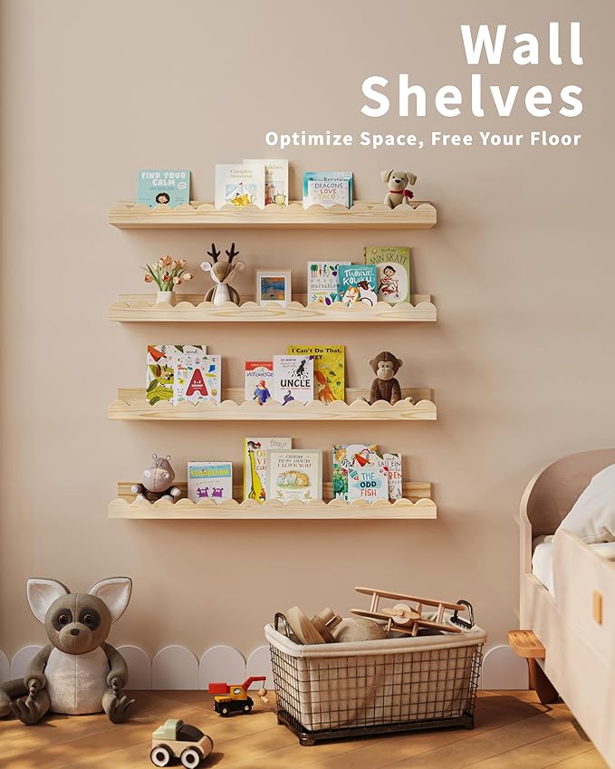 Shario Nursery Book Shelves, 4-Pack Wood Floating Shelves for Wall Kids, Scalloped Shelves, Wall Book Shelves for Bedroom Kids, Toddler Room, Baby Room, Nursery Decor (Wood, 23 Inches)