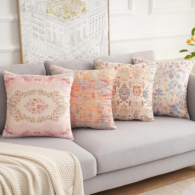 Boho Floral Throw Pillow Covers 18x18 inch Set of 2,Cream Boho Rug Geometric Floral Pattern Decor Double Sided Pattern Cushion Cover Soft Pillow Case Living Sofa Room Bed Square Pillow Cover