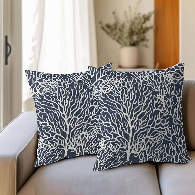 Nautical Coastal Coral Pillow Covers 18x18 Inch Set of 2 Summer Ocean Beach Navy Blue Decorative Pillow Cases Outdoor Linen Cushion Cover Farmhouse Decor for Bedroom Home Sofa Couch Bed