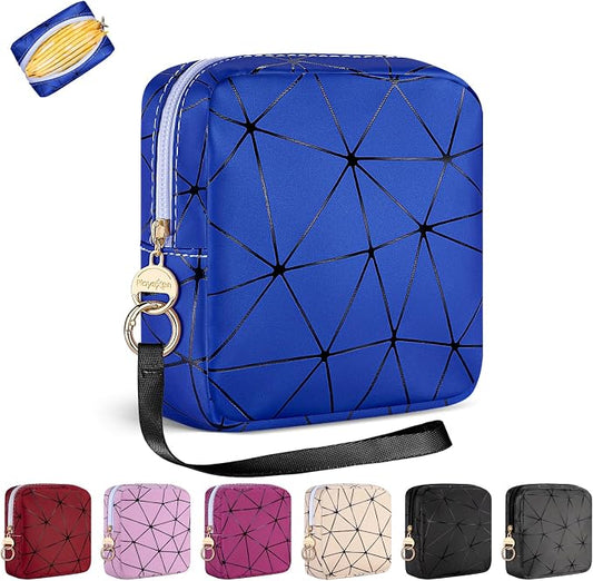 Period Bag for Teen Girls, PU Leather Sanitary Napkin Storage Bag, Menstrual Pad Bag Period Pouches Tampon Holder for Purse (Blue)